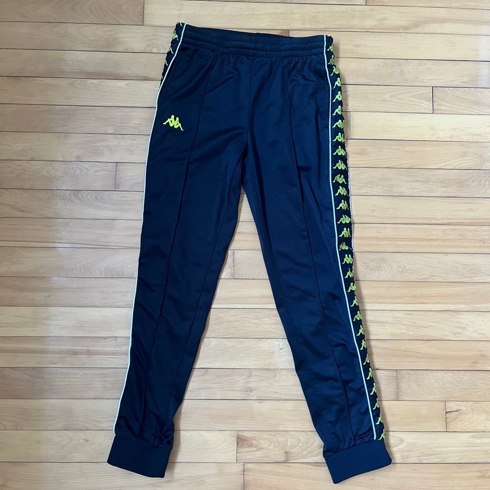 Kappa Black Neon Yellow Logo Tape Track Pants Joggers Mens Slim Fit